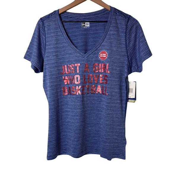 NEW ERA JUST A GIRL WHO LOVES BASKETBALL WOMEN BLUE RED V-NECK TOP SIZE LARGE - Picture 1 of 5